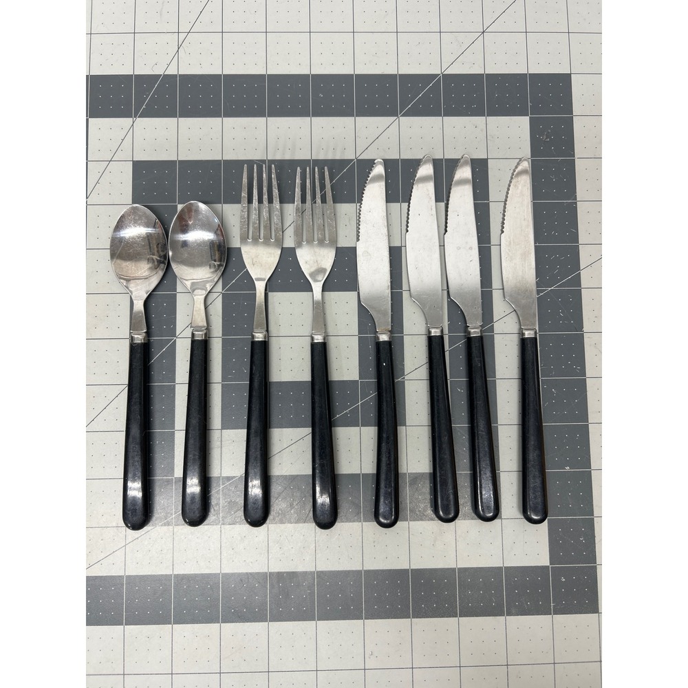 Vintage Flatware Set Mixed Lot 8pc Black Silver Stainless Steel Taiwan Utensils